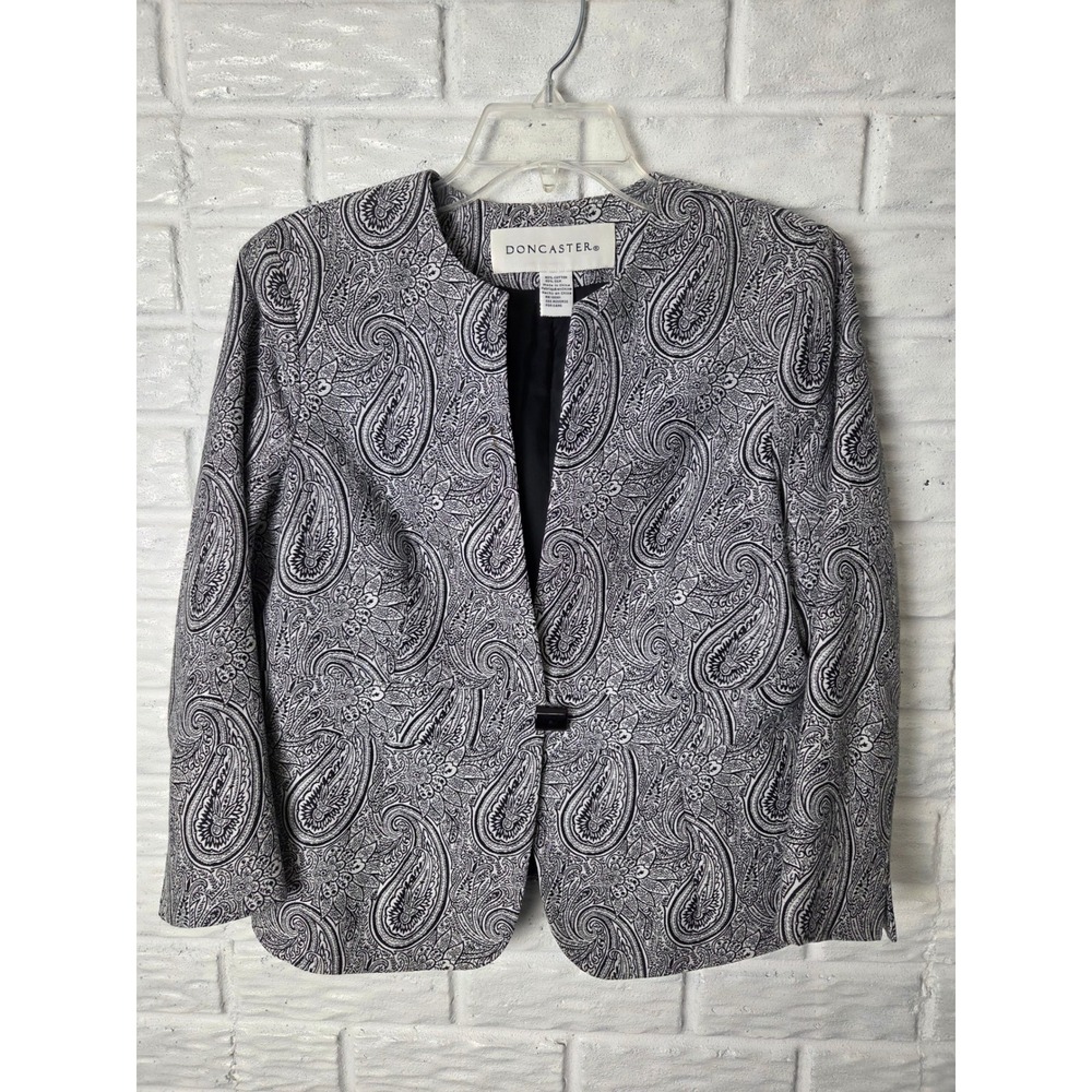 DONCASTER jacket blazer Petite size 12P Black White Paisley 3/4 sleeve Lined